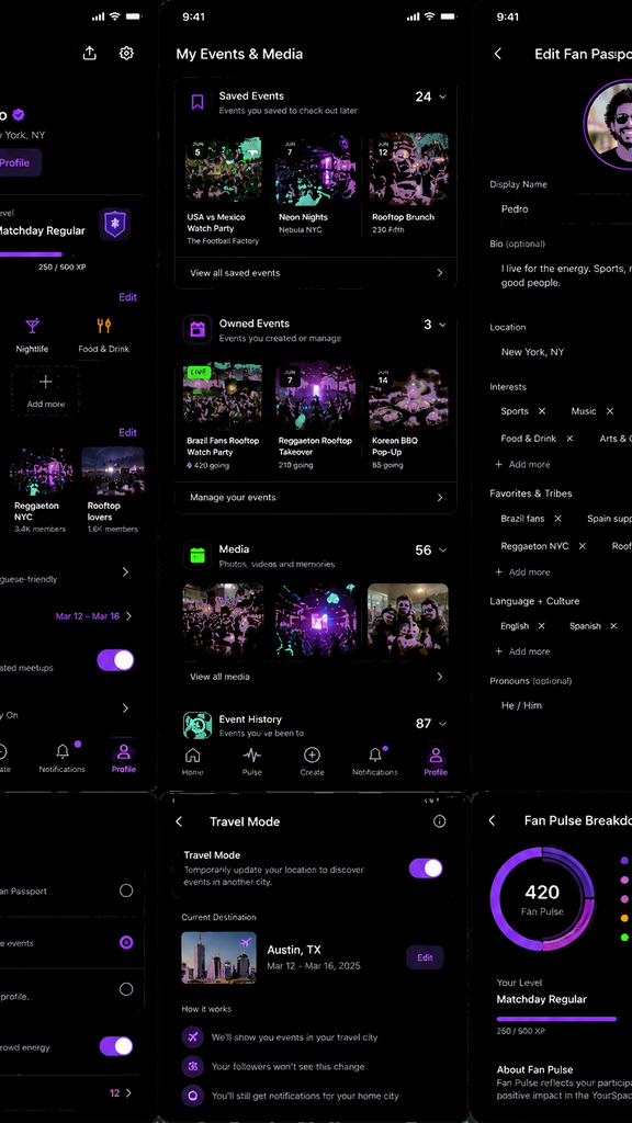 YourScene Fan Passport: profile, interest and tribe chips, travel mode, privacy, and Up For Random.