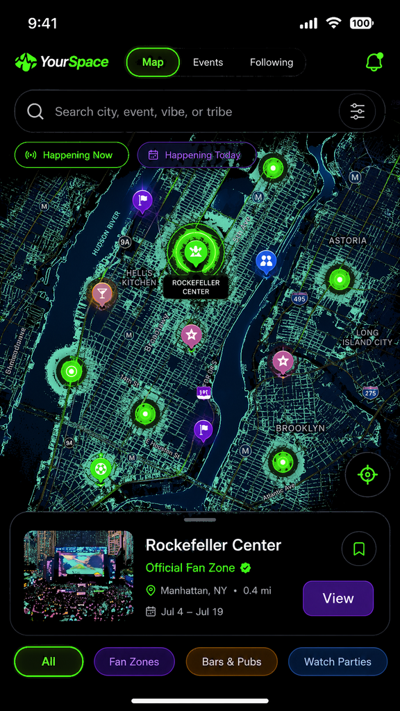YourScene real crowd map: dark map with neon green busy-percentage pulses and a venue card for Elsewhere Rooftop.