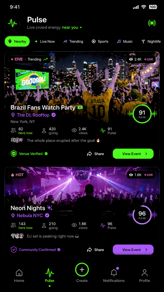 YourScene Pulse screen: live crowd energy feed with venue cards, filters, and energy scores.