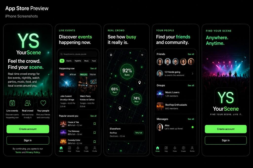 YourScene App Store preview: five iPhone screens showing welcome, live events discover feed, real crowd map with busy percentages, friends and groups social tab, and brand closing screen.