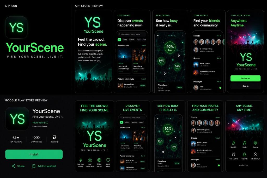 YourScene brand UI kit: neon YS logo, wordmark, app icon, primary and secondary buttons, search bar, category icons, and sample discover and map screens.