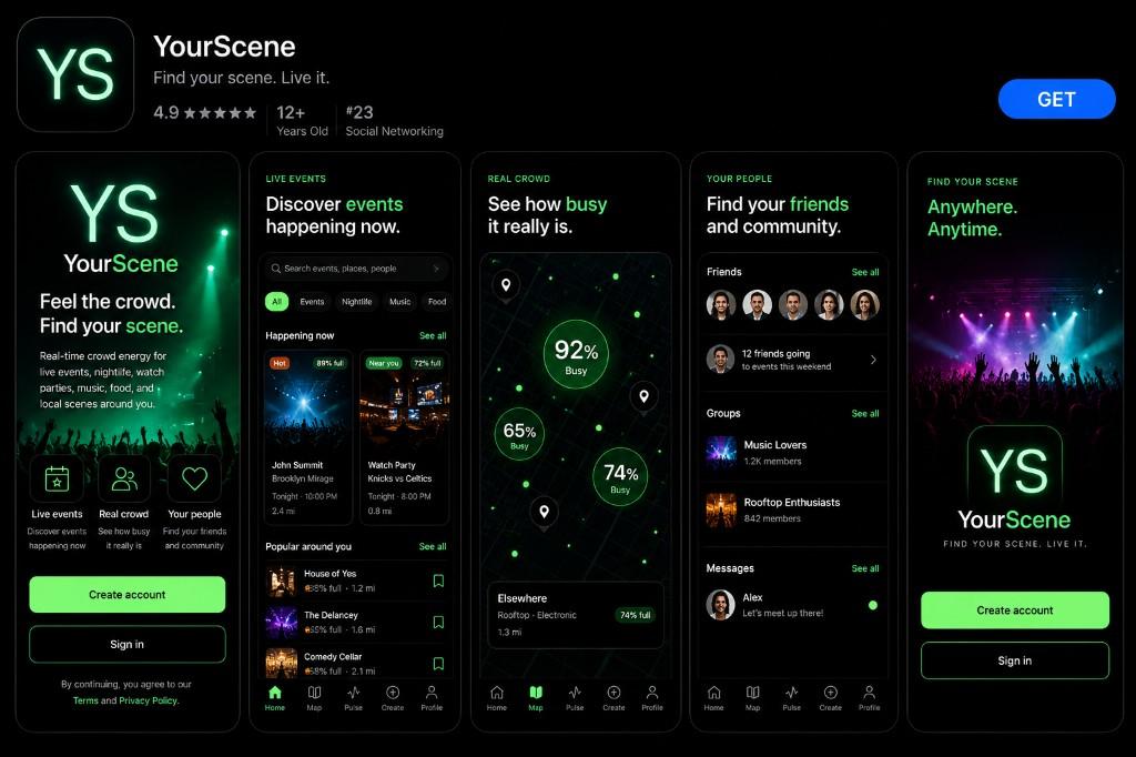 YourScene UI and UX style guide: welcome screen with crowd photo, live events discover feed, real crowd map with busy percentages, and your people social screen on pure black with neon green accents.